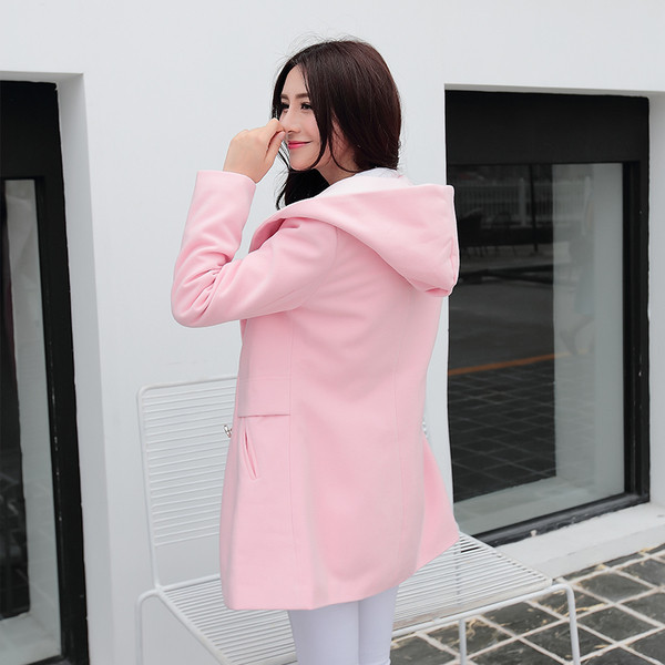 Modern női kabát kapucnival szürke, rózsaszín és kék színben