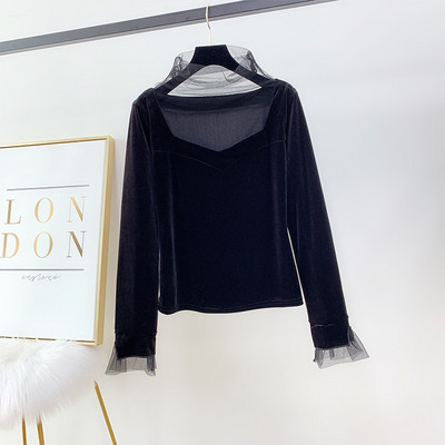 Μοντέρνα γυναικεία βελούδινη μπλούζα με τούλι σε μαύρο χρώμα