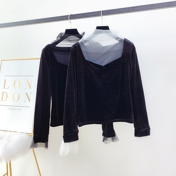 Μοντέρνα γυναικεία βελούδινη μπλούζα με τούλι σε μαύρο χρώμα