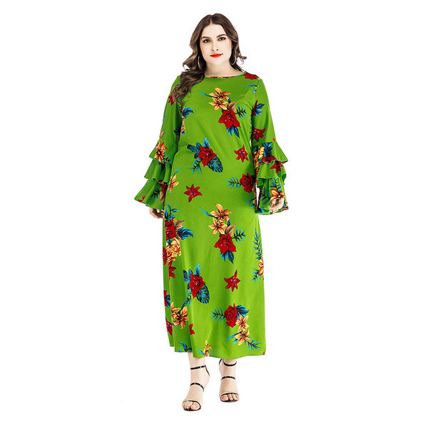 Rochie lunga de dama casual cu model floral in verde si negru