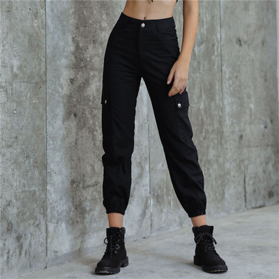 Дамски панталон с висока талия  джоб в черен цвят 