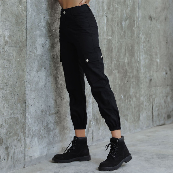 Pantaloni de dama cu buzunar cu talie inalta de culoare neagra