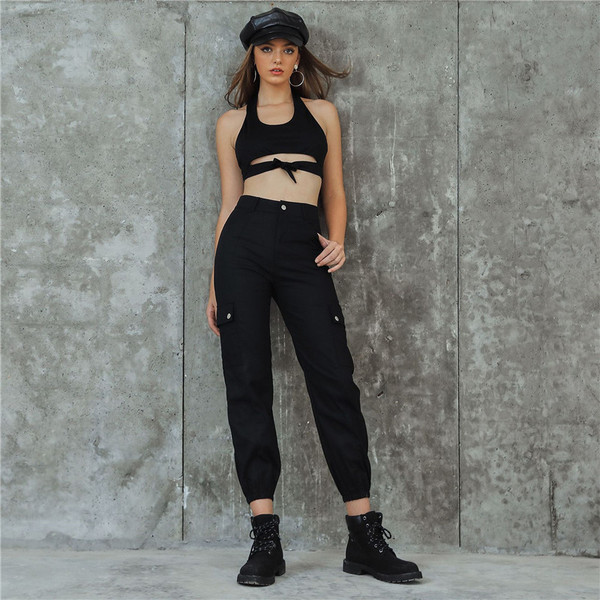 Pantaloni de dama cu buzunar cu talie inalta de culoare neagra