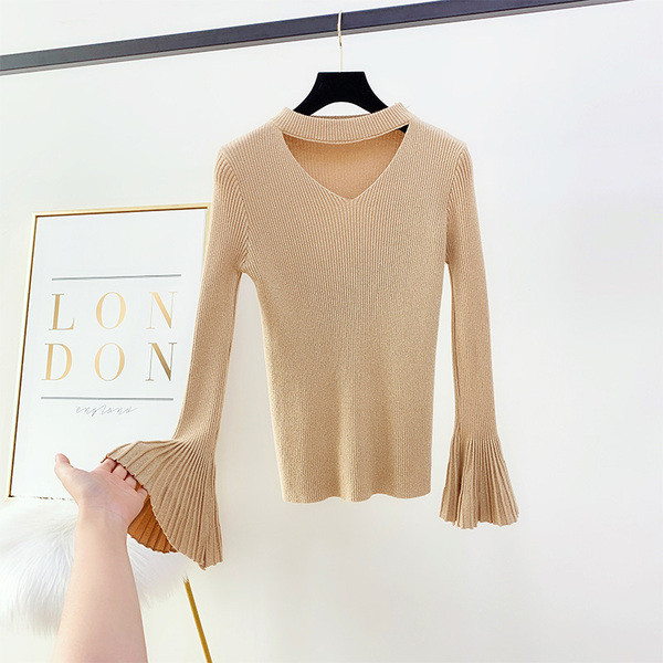 Pulover de damă modern cu decolteu în V și mânecă lotus în patru culori