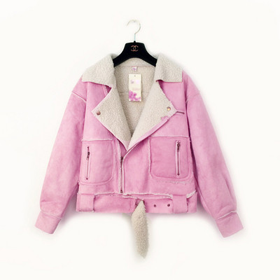 Modern női kabát puha béléssel és övvel rózsaszín és barna színben