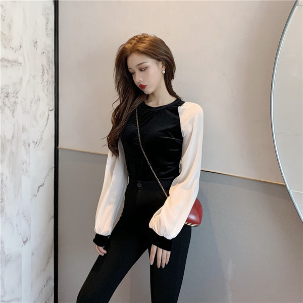 Női elegáns bársony blúz magas gallérral