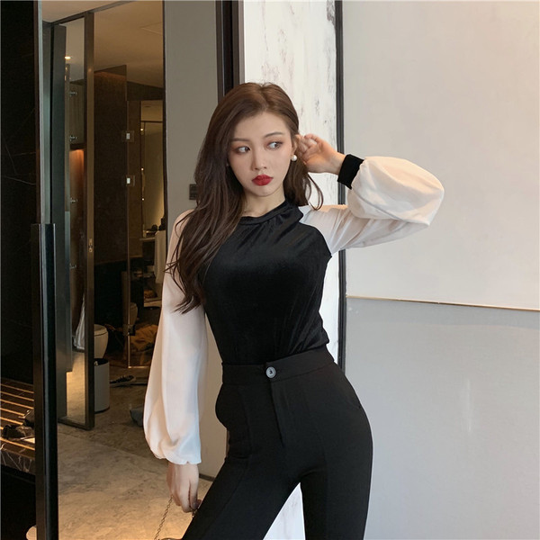 Női elegáns bársony blúz magas gallérral