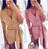 Rochie moderna de dama cu maneci 3/4 si decolteu adanc in bej si roz