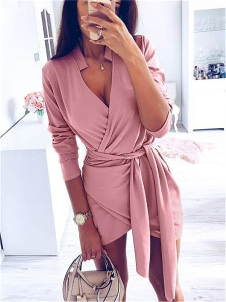 Rochie moderna de dama cu maneci 3/4 si decolteu adanc in bej si roz