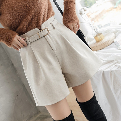 Актуални къси дамски панталони с висока талия и колан в сив,черен и бежов цвят