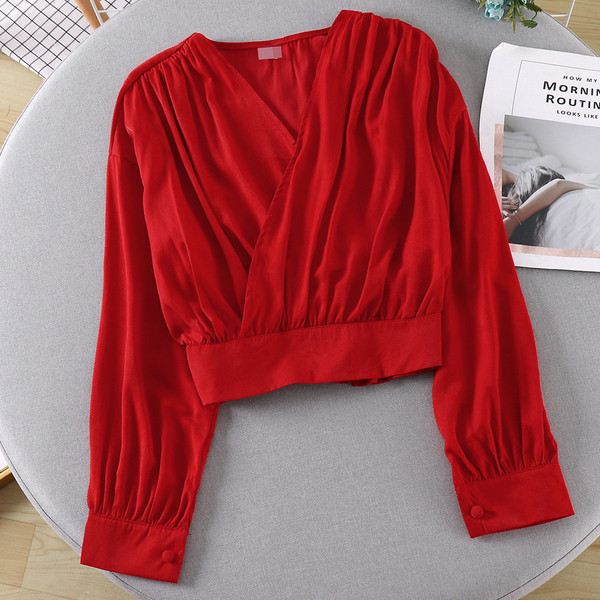 Női alkalmi blúz, hosszú ujjú, spitz nyakkivágással, több színben