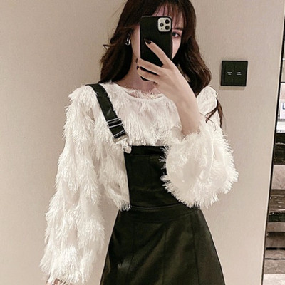 Γυναικεία  σύγχρονη φαρδιά μπλούζα με κρόσσια σε δύο χρώματα