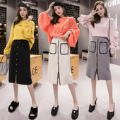 Fusta casual de dama cu nasturi, buzunare si crapatura in negru, gri si bej