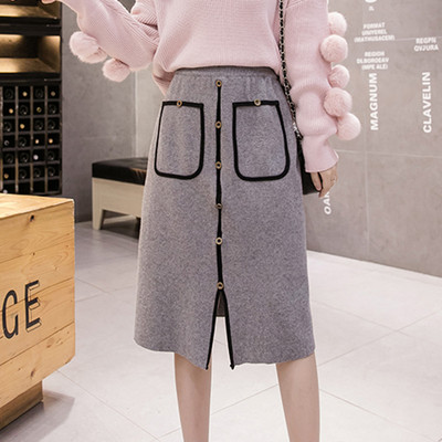 Fusta casual de dama cu nasturi, buzunare si crapatura in negru, gri si bej