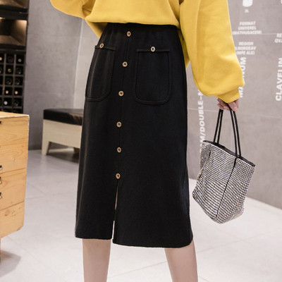 Fusta casual de dama cu nasturi, buzunare si crapatura in negru, gri si bej