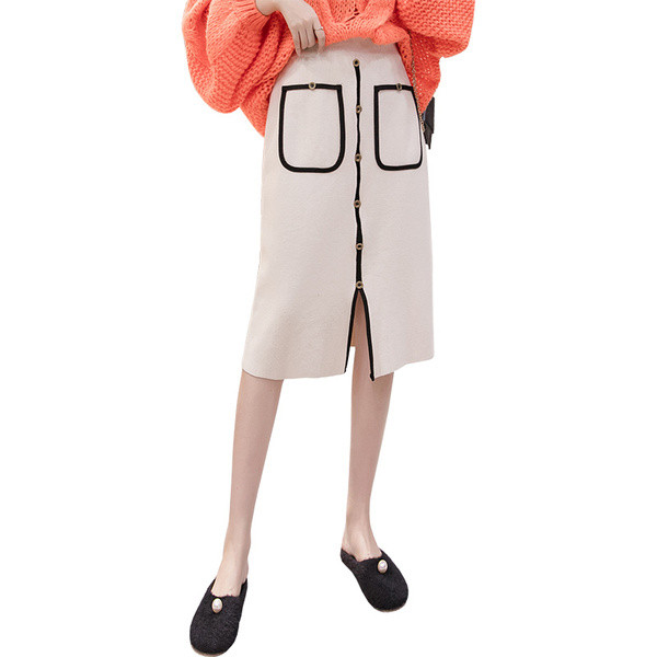 Fusta casual de dama cu nasturi, buzunare si crapatura in negru, gri si bej