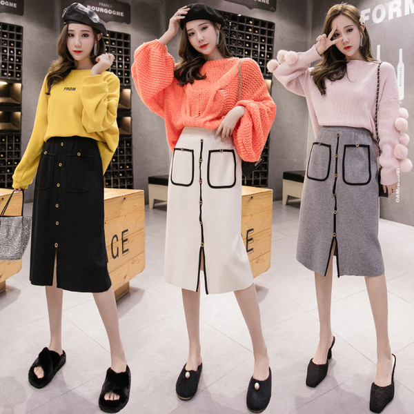 Fusta casual de dama cu nasturi, buzunare si crapatura in negru, gri si bej