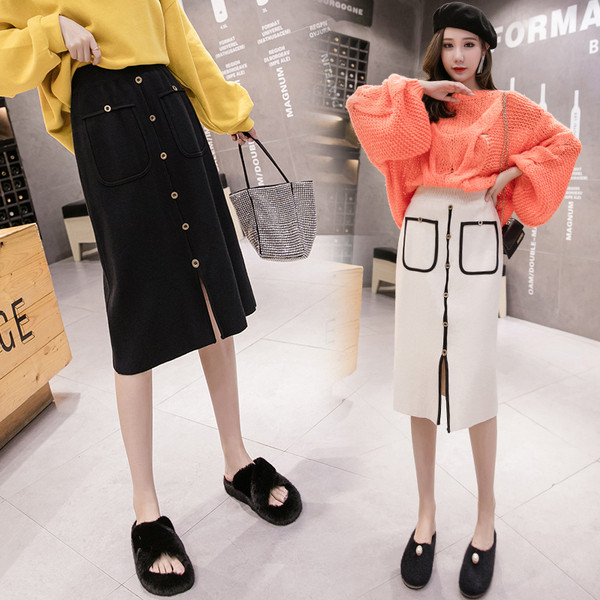 Fusta casual de dama cu nasturi, buzunare si crapatura in negru, gri si bej