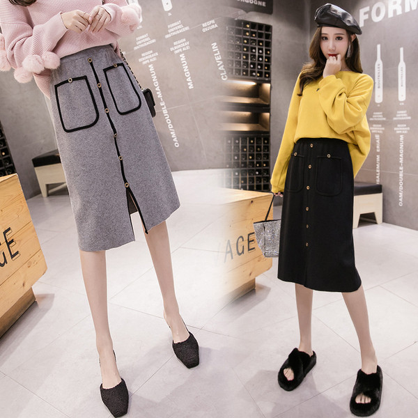 Fusta casual de dama cu nasturi, buzunare si crapatura in negru, gri si bej