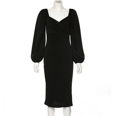 Μοντέρνο γυναικείο φόρεμαμε μανίκια και βαθύ λαιμόκοψη σε τρία χρώματα