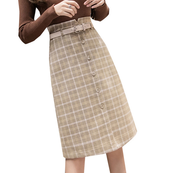Új modell kockás női szoknya övvel és gombokkal