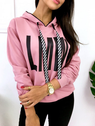 Casual γυναικεία μπλούζα με κουκούλα και δεσμούς σε ροζ χρώμα