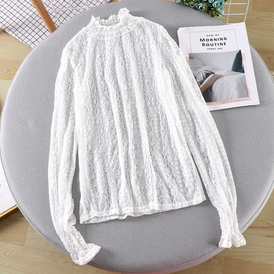 Bluză casual de damă din dantelă cu guler înalt în alb și negru