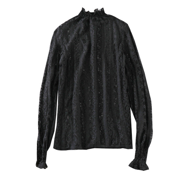 Bluză casual de damă din dantelă cu guler înalt în alb și negru