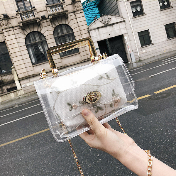 Μοντέρνα διαφανής γυαικεία τσάντα με κοντή και μακρά λαβή σε άσπρο και γκρι χρώμα