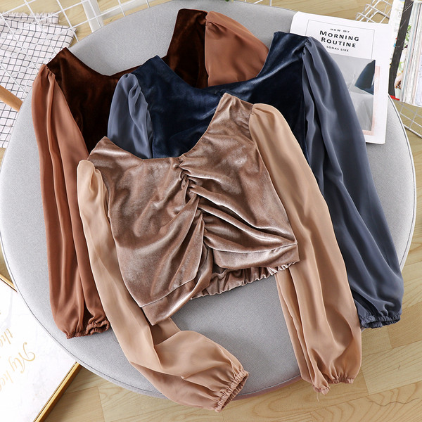 Bluză casual de damă din catifea cu mâneci lungi și decolteu pătrat