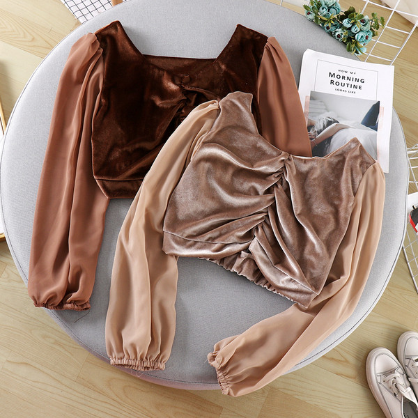 Bluză casual de damă din catifea cu mâneci lungi și decolteu pătrat