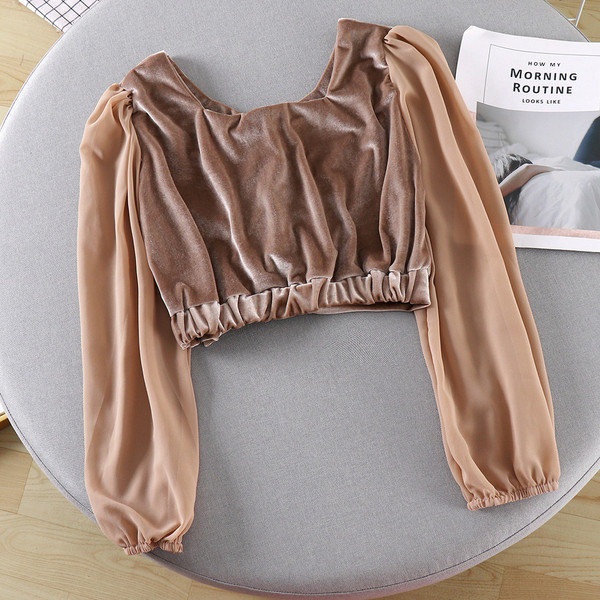 Bluză casual de damă din catifea cu mâneci lungi și decolteu pătrat