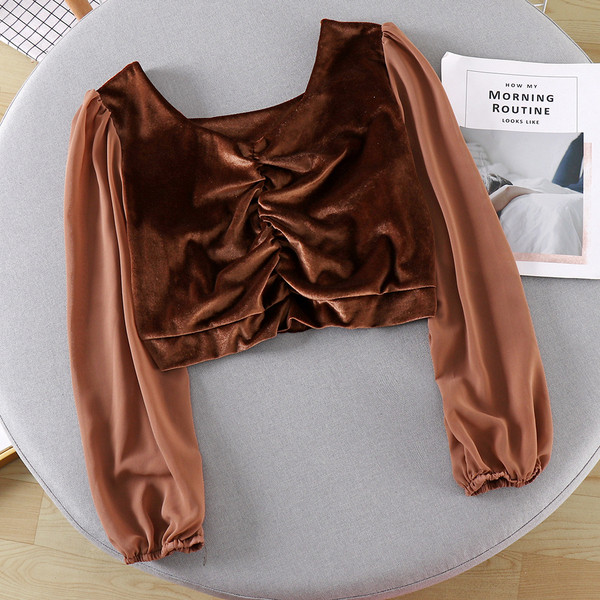 Bluză casual de damă din catifea cu mâneci lungi și decolteu pătrat