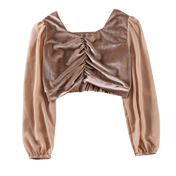 Bluză casual de damă din catifea cu mâneci lungi și decolteu pătrat