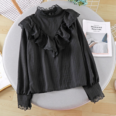 Γυναικείο casual πουκάμισο με δαντέλα και ψηλό γιακά σε διάφορα χρώματα