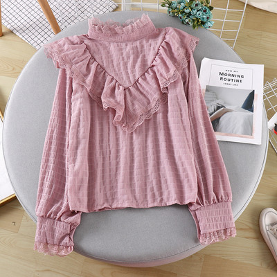 Γυναικείο casual πουκάμισο με δαντέλα και ψηλό γιακά σε διάφορα χρώματα