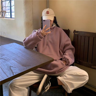 Hanorac casual dama in doua culori cu guler inalt si fermoar