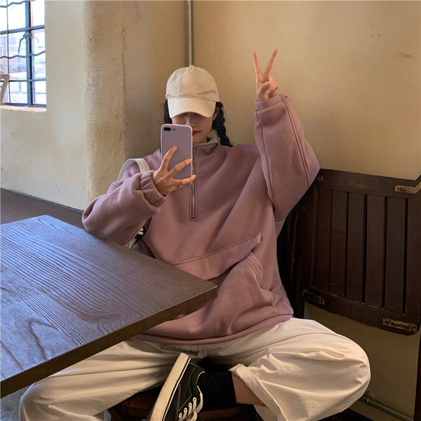 Hanorac casual dama in doua culori cu guler inalt si fermoar