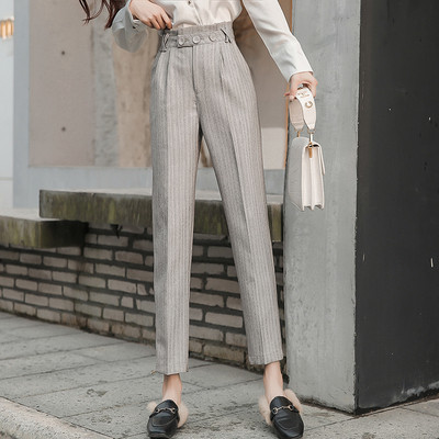 Női csíkos nadrág új modellje magas derékkal, fekete és bézs színben