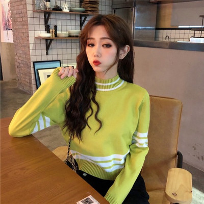 Pulover casual dama cu guler polo in verde, albastru si portocaliu