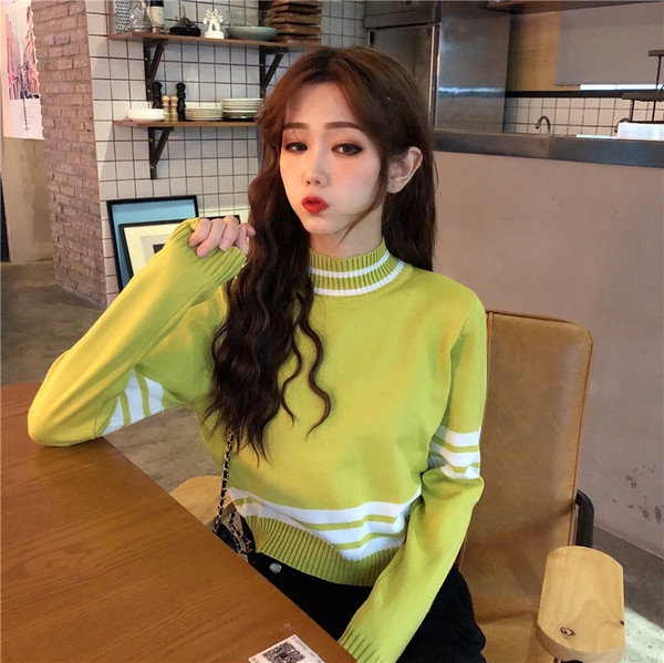 Pulover casual dama cu guler polo in verde, albastru si portocaliu