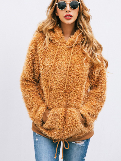 Καθημερινό γυναικείο φούτερ με τσέπη και κουκούλα σε ροζ και καφέ χρώμα