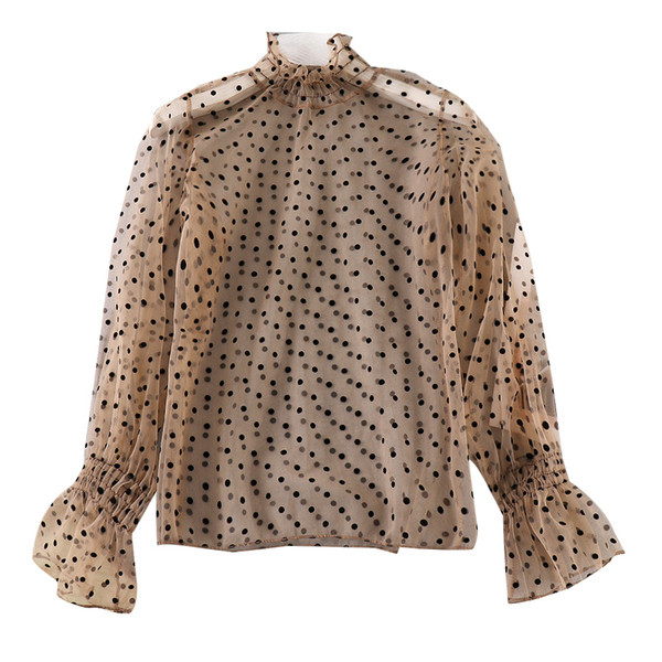 Cămașă modernă de damă cu buline în bej și alb