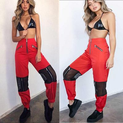 Pantaloni casual dama cu talie inalta si fermoar in negru si rosu