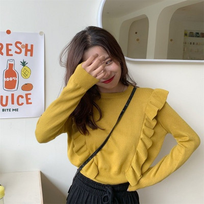 Νέο μοντέρνο γυναικείο πουλόβερ μοντέλο με O-λαιμόκοψη σε κίτρινο και μαύρο χρώμα