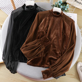 Női alkalmi blúz magas bársonygallérral, fekete és barna színben