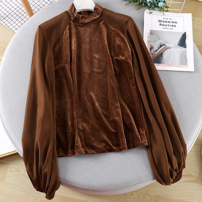 Női alkalmi blúz magas bársonygallérral, fekete és barna színben