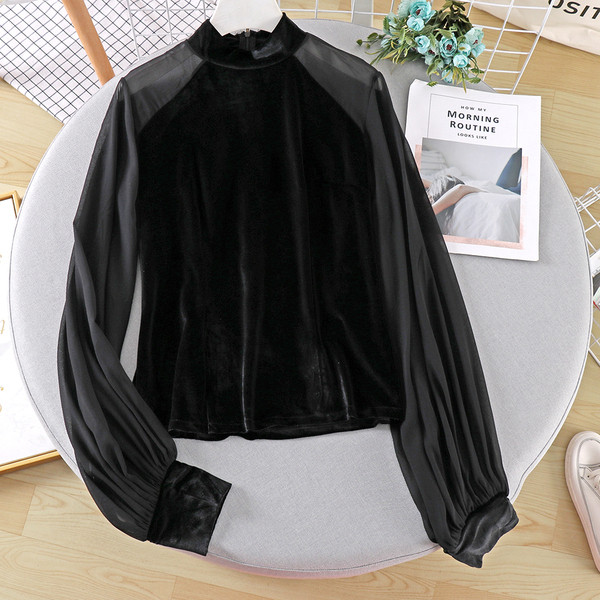 Női alkalmi blúz magas bársonygallérral, fekete és barna színben