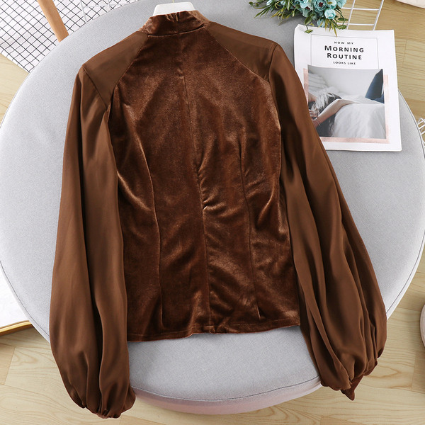 Női alkalmi blúz magas bársonygallérral, fekete és barna színben