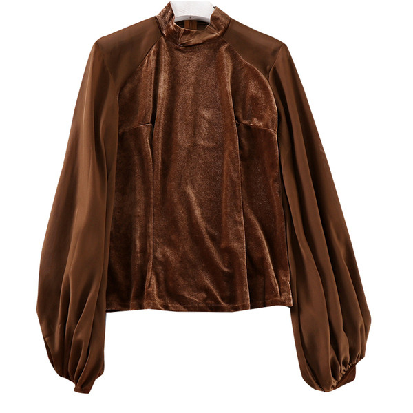 Női alkalmi blúz magas bársonygallérral, fekete és barna színben